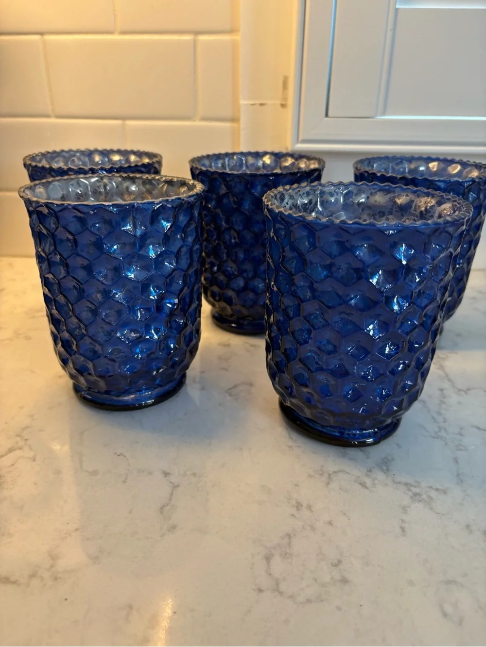 Set of 5 Blue Glass Textured votive  - for flameless candles only